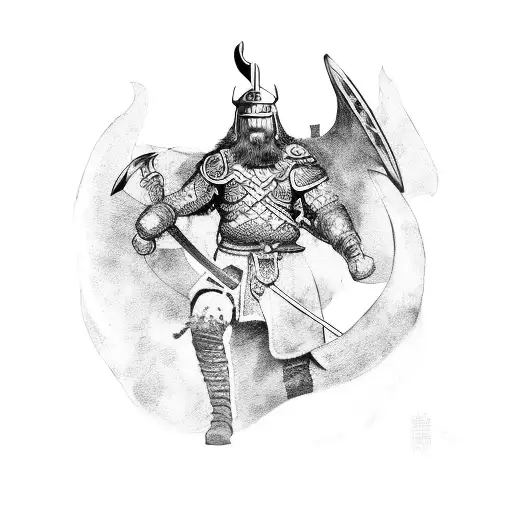 A viking warrior battling a dragon in an ancient town tattoo design idea