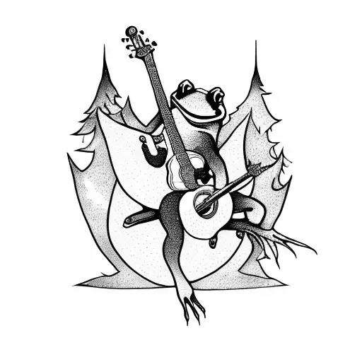 A fantasy movie scene with a frog playing a guitar in a magical forest tattoo design idea
