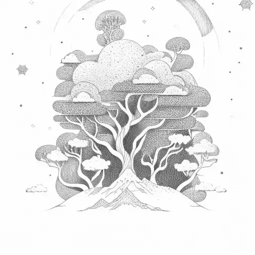 A celestial landscape with a vibrant sky, towering trees, and whimsical fantasy creatures tattoo design idea