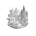 An otherworldly cityscape with floating islands, cascading waterfalls, and magical creatures tattoo design idea