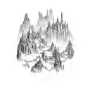 An otherworldly cityscape with floating islands, cascading waterfalls, and magical creatures tattoo design idea