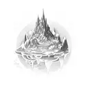 An otherworldly cityscape with floating islands, cascading waterfalls, and magical creatures tattoo design idea