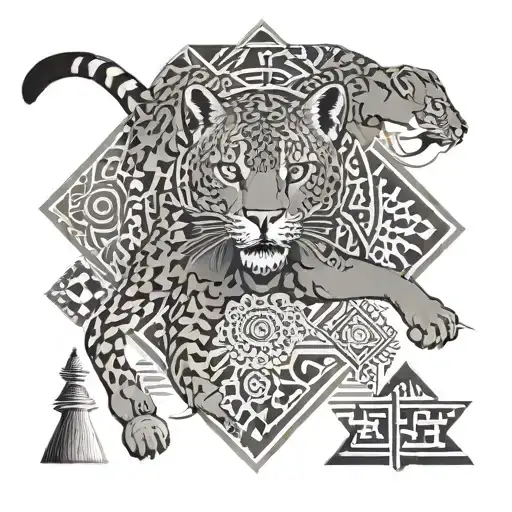A puma gracefully leaping through a field of Islamic geometric patterns tattoo design idea