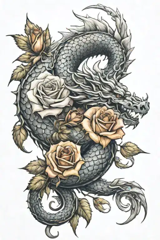 roses wrapped around dragon breathing fire tattoo design idea