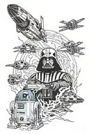 half sleeve with r2d2, darth vader, obiwan-kenobi, palpatine shooting lightning, an x-wing   tattoo design idea