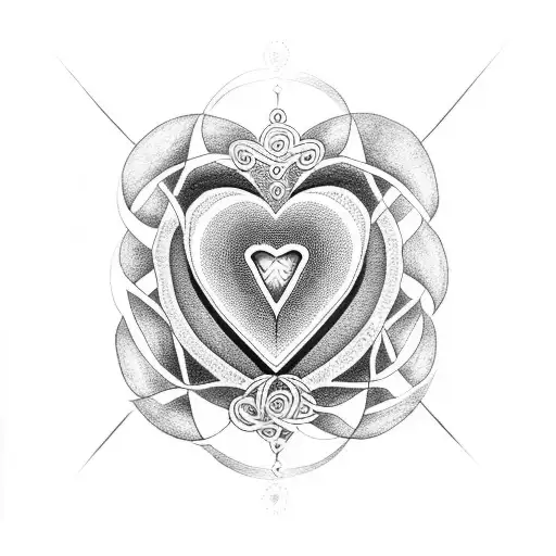 A dotwork tattoo of a heart shape made up of three interconnected symbols that represent love, unity, and growth tattoo design idea
