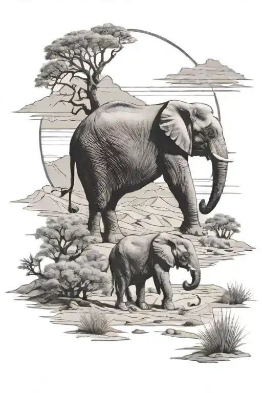 elephant desert landscape tattoo design idea