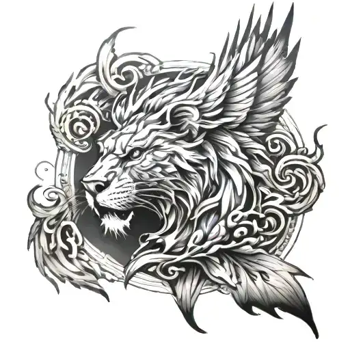 phoenix and lion head emerging tattoo design idea