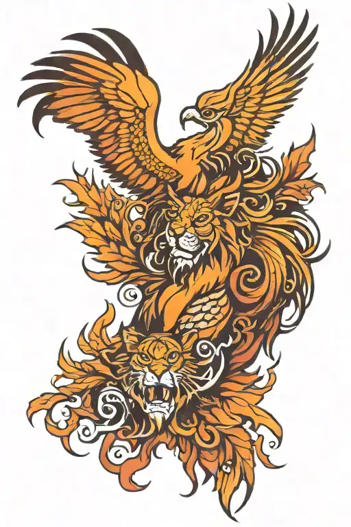 Phoenix and lion head tattoo design idea