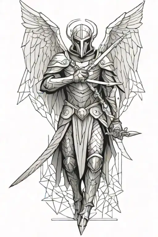 armored angel holding a sword tattoo design idea