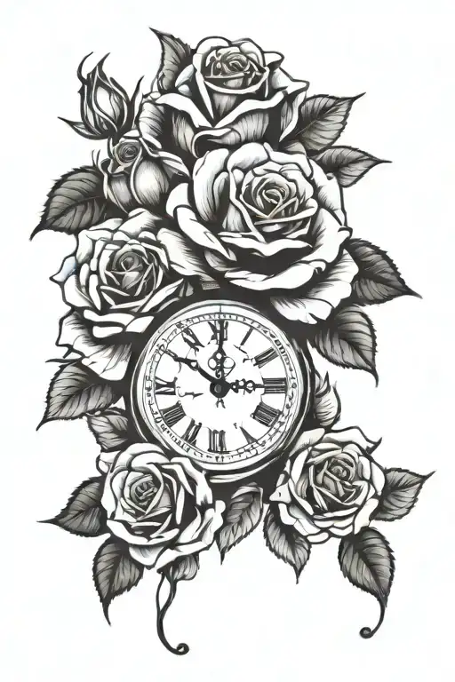 roses and a clock tattoo design idea
