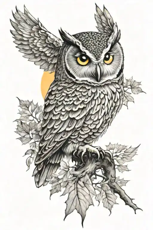 owl, autumn, sunrise tattoo design idea