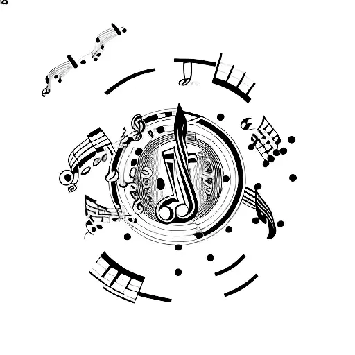 Black and white saxofone and black and white bass quitar with colorful music notes, soundwaves and patches around tattoo design idea