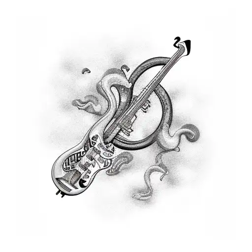 Black and white saxofone and black and white bass quitar with colorful music notes, soundwaves tattoo design idea