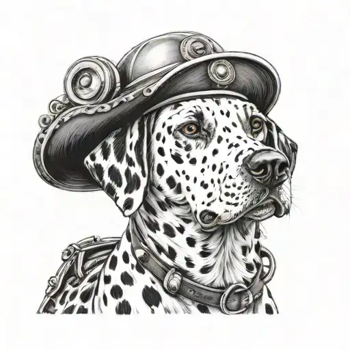 A detailed portrait of a Dalmatian dog wearing a fireman's hat tattoo design idea