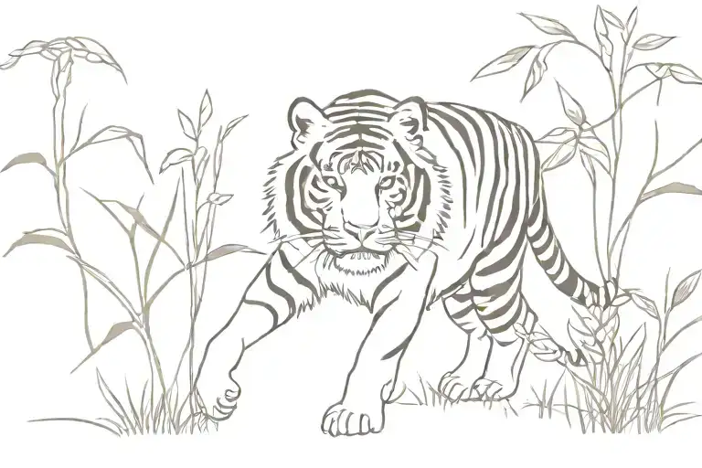 Tiger walking through bushes tattoo design idea