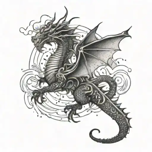 A mystical dragon breathing fire and surrounded by swirling clouds and stars tattoo design idea