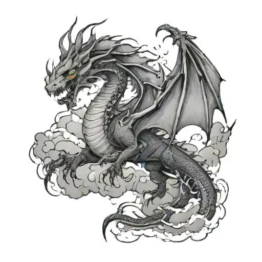 A detailed dragon flying through a stormy sky, with lightning bolts and dark clouds tattoo design idea