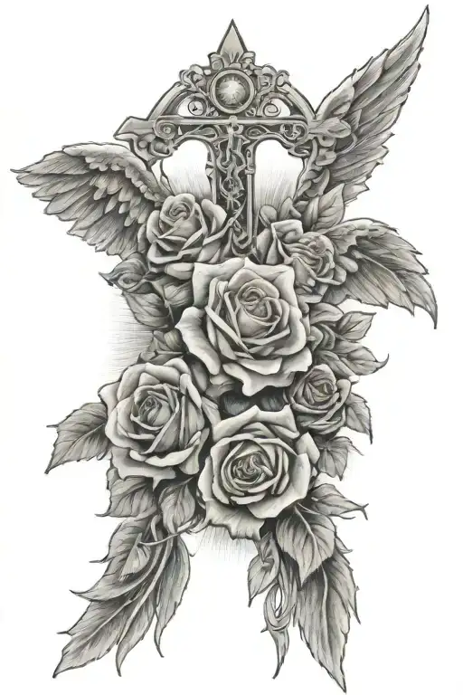 roses angel wings cross sun rays jan 25th 1987 in roman numberals   tattoo design idea