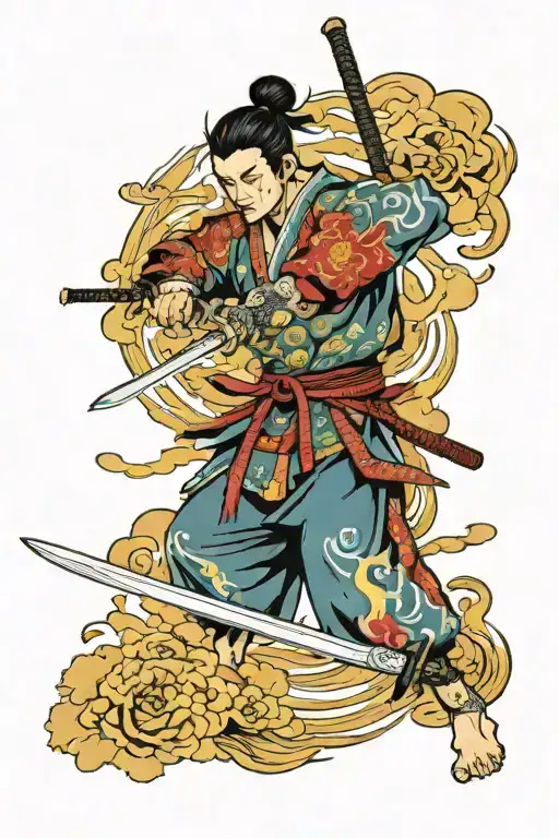 Japanese warrior holding a sword, realistic, colorful  tattoo design idea