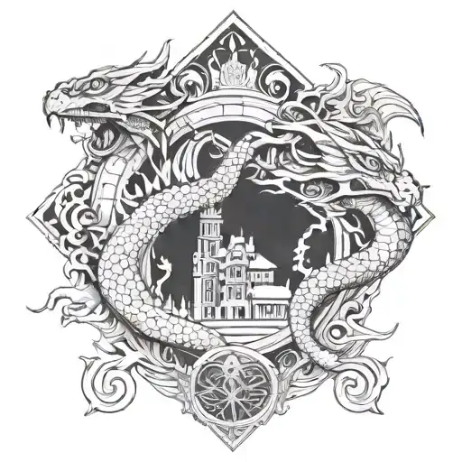 2 dragons and architecture tattoo design idea