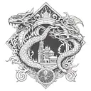 2 dragons and architecture tattoo design idea