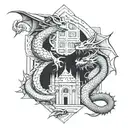 2 dragons and architecture tattoo design idea