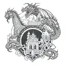 2 dragons and architecture tattoo design idea
