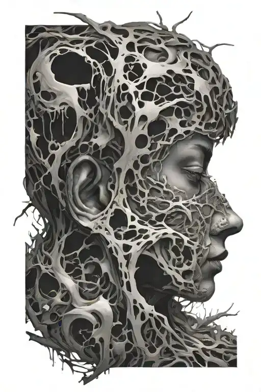 The splitting of the face, the human silhouette. Confusion, disintegration of personality. Black and white tattoo. tattoo design idea