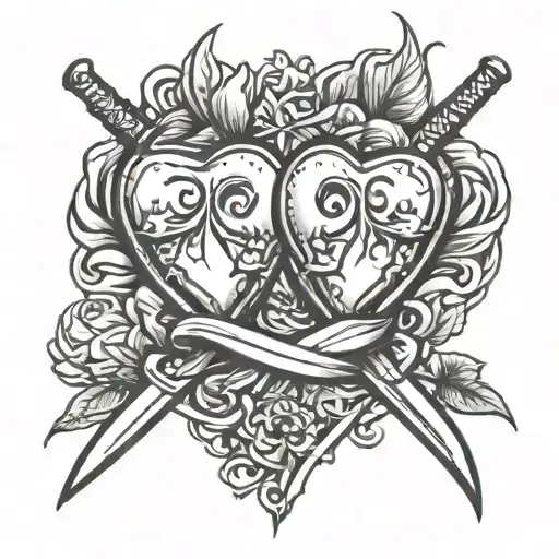 two hearts crossed sword between a sharp heart tattoo design idea