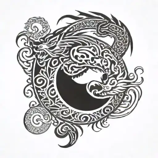 kung fu panda , dragon, sea waves , yin and yang symbol tattoo design idea
