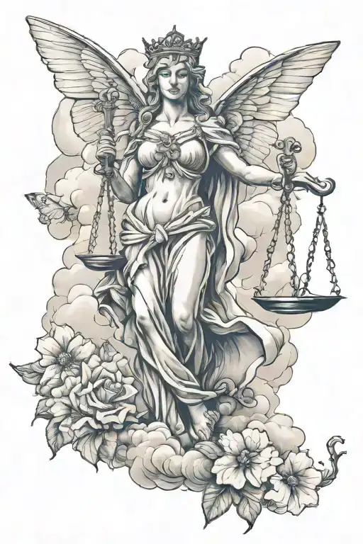 lady justice with a butterfly in stomach an a cloud background and some decoration  tattoo design idea