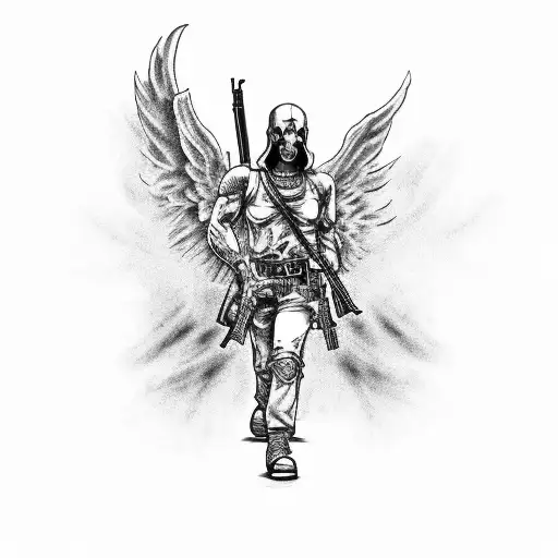 A black-grey tattoo of a gangster angel with gun statues fighting demons tattoo design idea