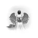 A black-grey tattoo of a hustler with angel wings holding a stack of money tattoo design idea