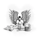 A black-grey tattoo of a hustler with angel wings holding a stack of money tattoo design idea