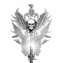 A black-grey tattoo of a gangster angel with gun statues fighting demons tattoo design idea