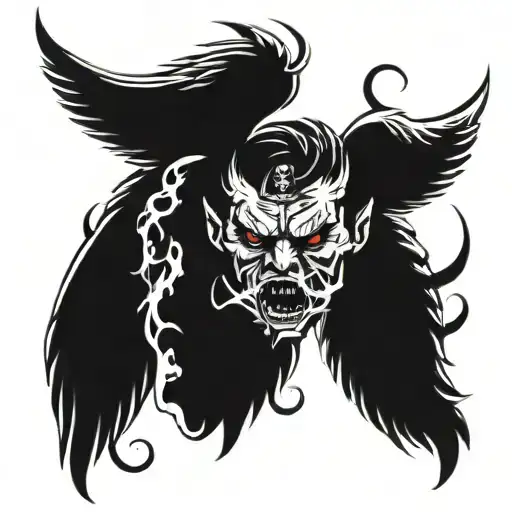 A tattoo design combining the concepts of power and raw anger, featuring a black and white contrast of an angel and devil, in a blackwork style tattoo design idea