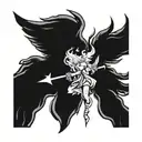 A tattoo design combining the concepts of power and raw anger, featuring a black and white contrast of an angel and devil, in a blackwork style tattoo design idea