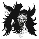 A tattoo design combining the concepts of power and raw anger, featuring a black and white contrast of an angel and devil, in a blackwork style tattoo design idea