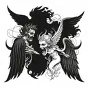 A tattoo design combining the concepts of power and raw anger, featuring a black and white contrast of an angel and devil, in a blackwork style tattoo design idea