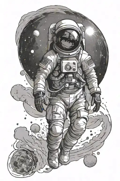 astronaut, floating through Outer space staring at a distant sun very lonely and alone tattoo design idea