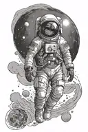 astronaut, floating through Outer space staring at a distant sun very lonely and alone tattoo design idea