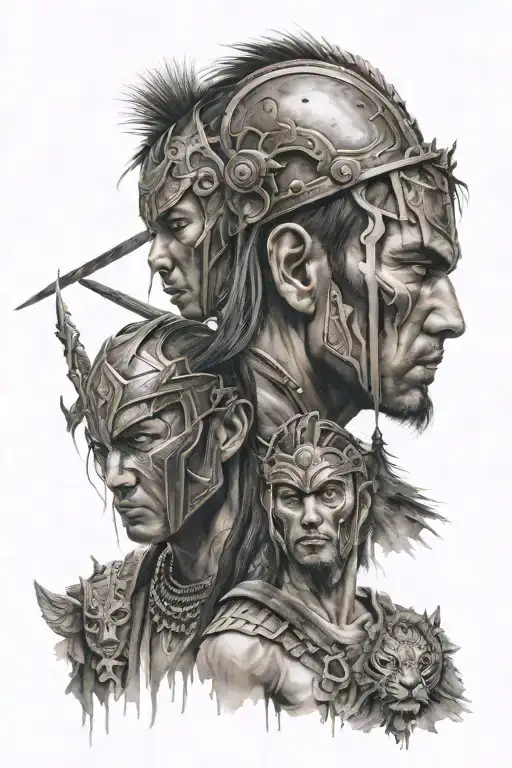 A man warrior turns her head and looks at her enemy for revenge tattoo design idea