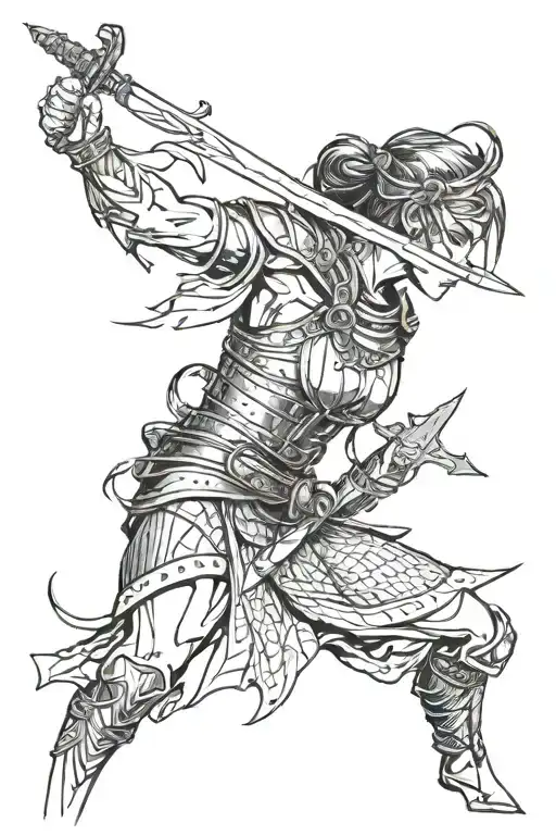 A warrior who was stabbed in the back in the arena, turns her head and looks at her enemy for revenge tattoo design idea