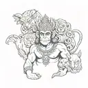 A tattoo of Hanuman, the monkey god, surrounded by various animals from the client's favorite animal shelter, showcasing his love for animals and devotion to Bajrangbali tattoo design idea