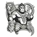 A tattoo of Hanuman, the monkey god, surrounded by various animals from the client's favorite animal shelter, showcasing his love for animals and devotion to Bajrangbali tattoo design idea