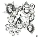 A tattoo of Hanuman, the monkey god, surrounded by various animals from the client's favorite animal shelter, showcasing his love for animals and devotion to Bajrangbali tattoo design idea