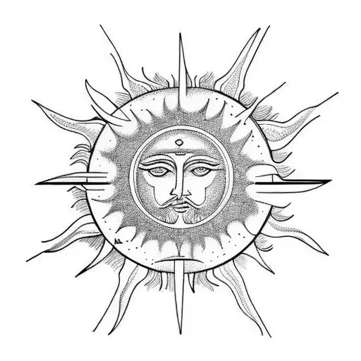 sun ocean mountains and crucifix tattoo design idea