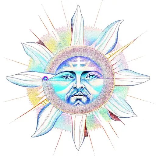 sun ocean mountains and crucifix tattoo design idea