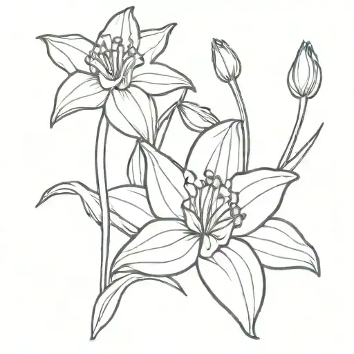 violet flower and daffodil bouquet fine line tattoo design idea
